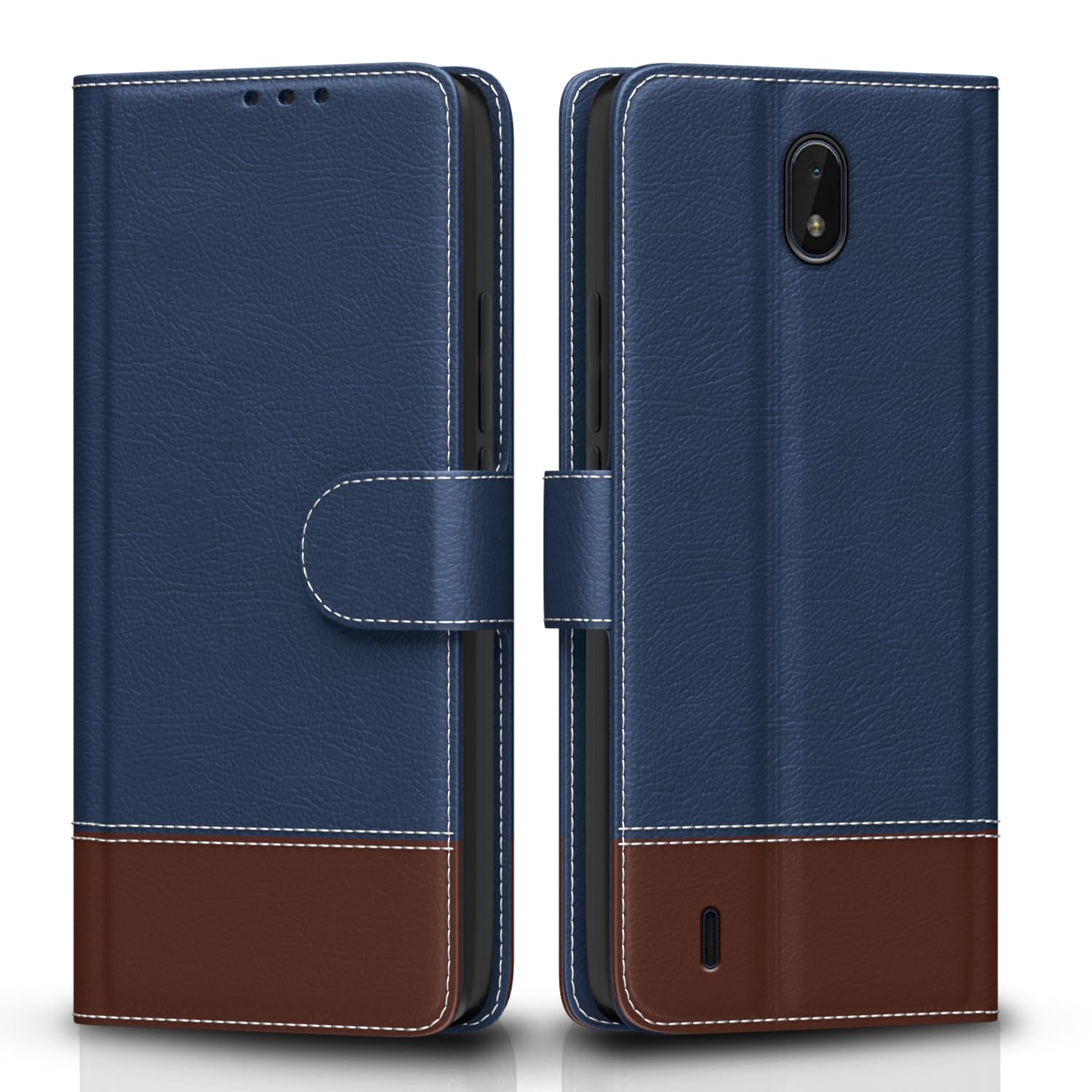 Nokia C01 Plus Magnetic wallet flip cover in blue & brown by Pikkme