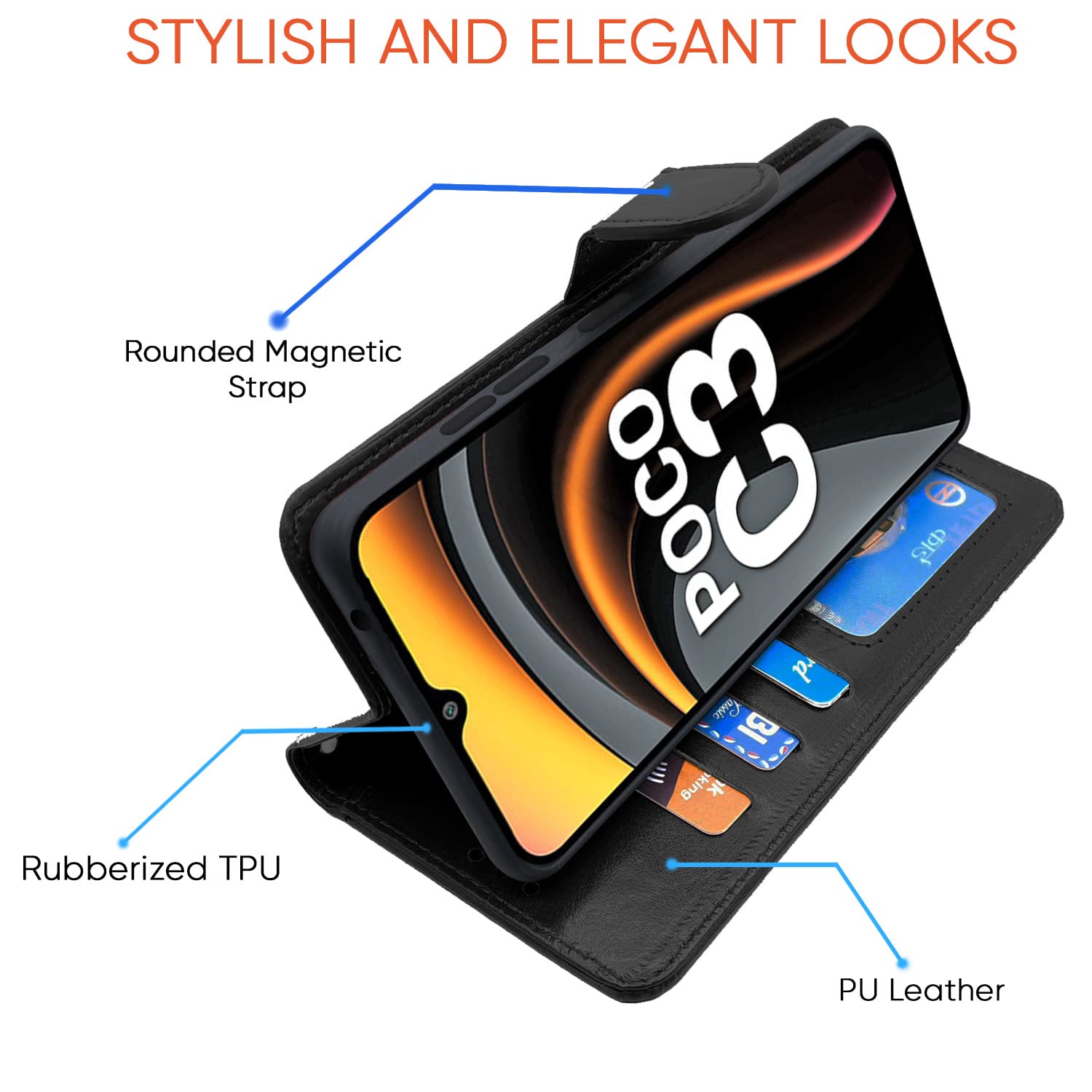 Pikkme Poco C3 Vintage Flip Cover (Black)