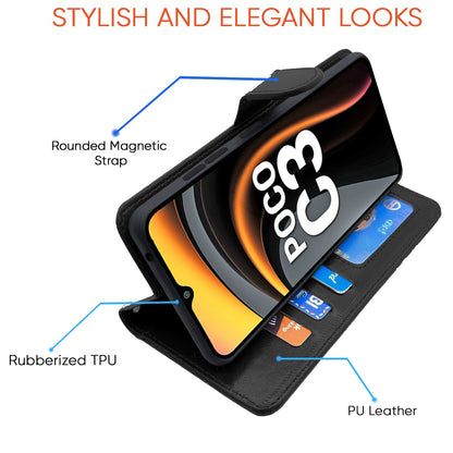 Pikkme Poco C3 Vintage Flip Cover (Black)