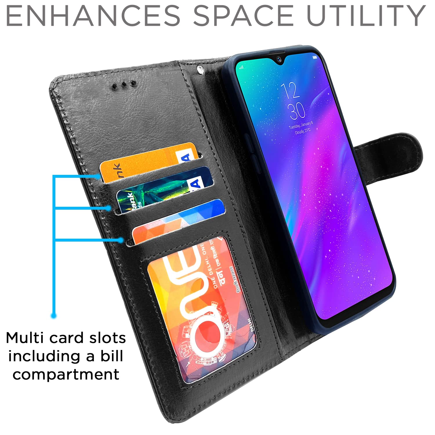 Pikkme Realme 3 Vintage Flip Cover (Black)