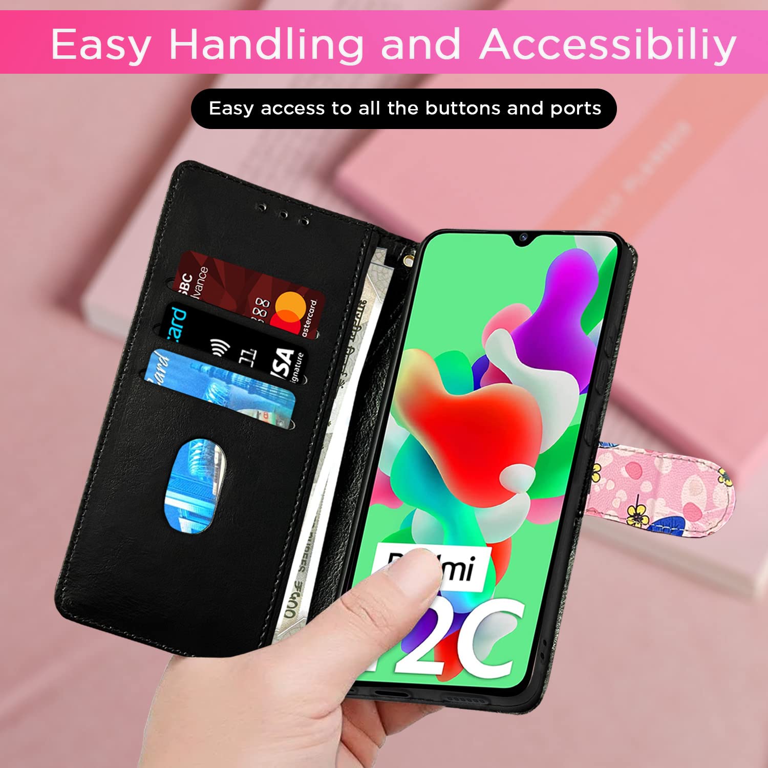 Redmi 12C/Poco C55 wallet flip cover in pink flower by Pikkme – photo 6