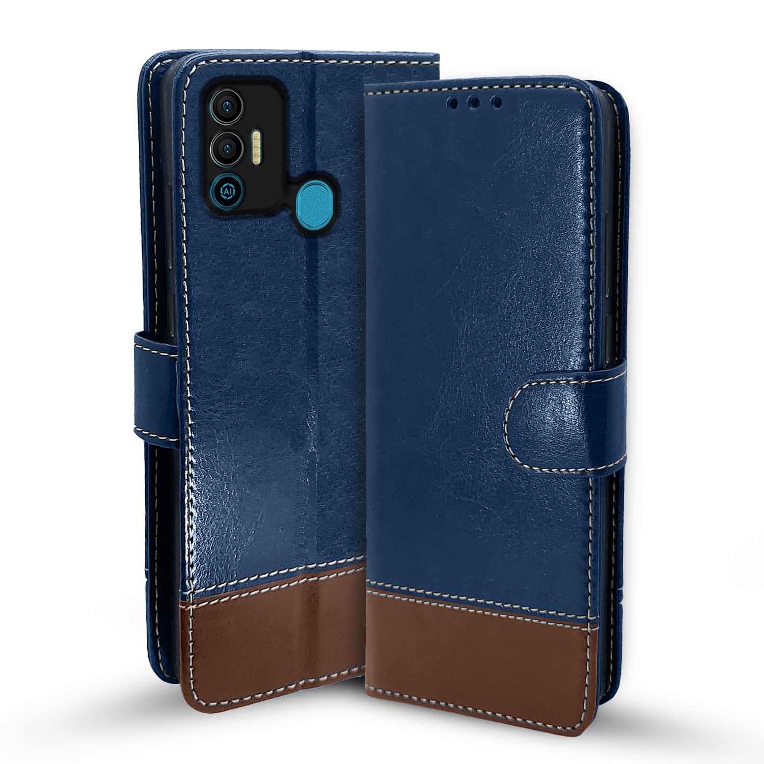 Tecno Spark 7/7T Magnetic wallet flip cover in blue & brown by Pikkme