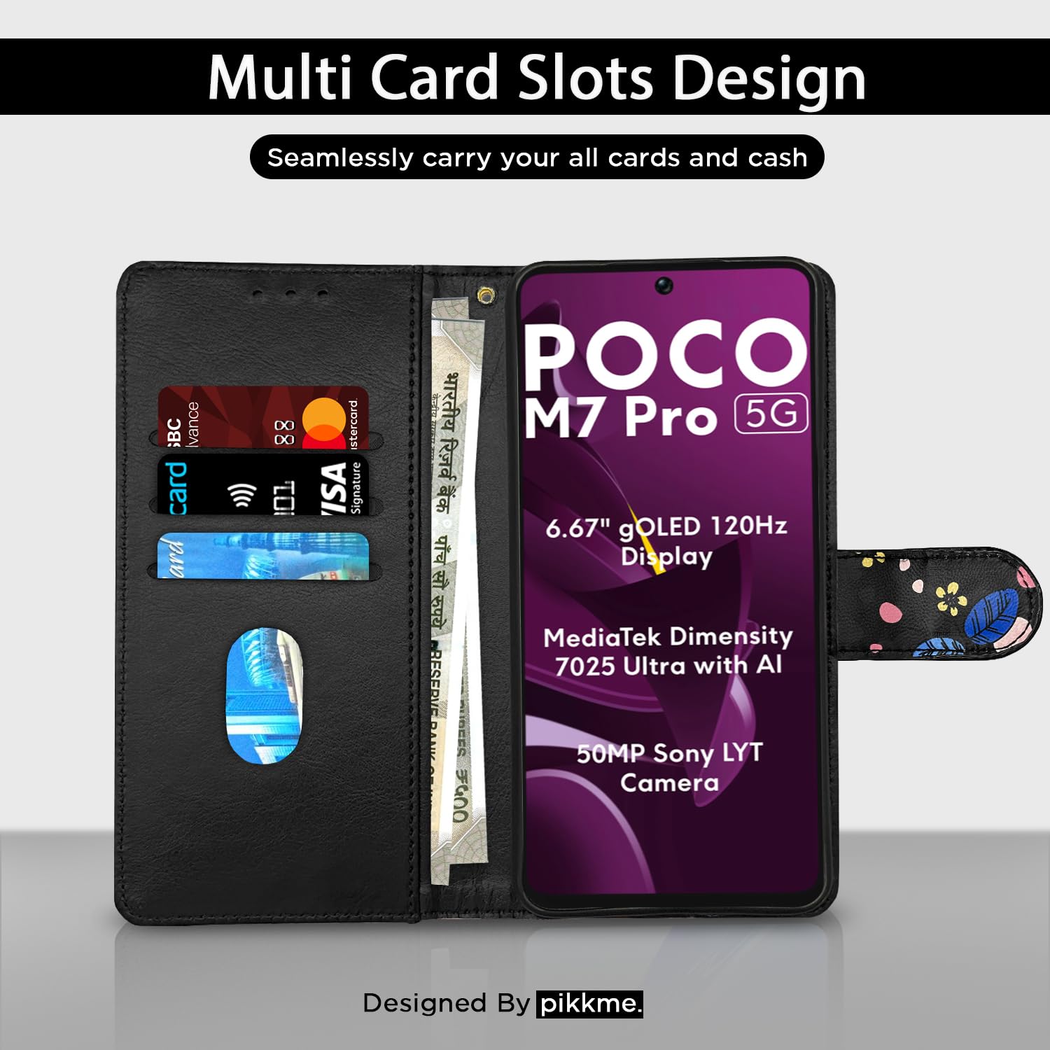 Pikkme POCO M7 Pro 5G black flower flip case – photo 2