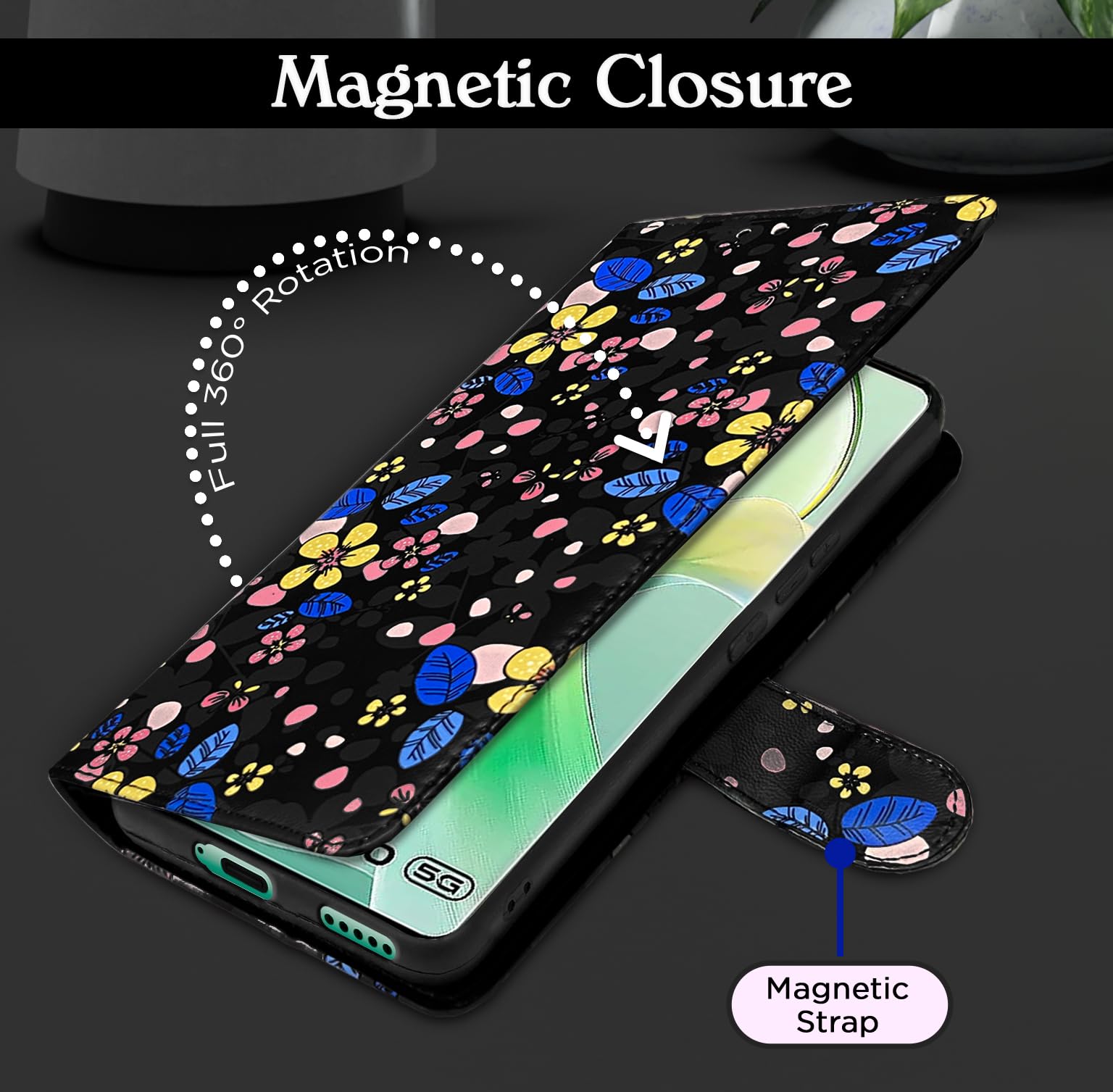 Pikkme Vivo Y200 Pro 5G Wallet black flower flip case – photo 6