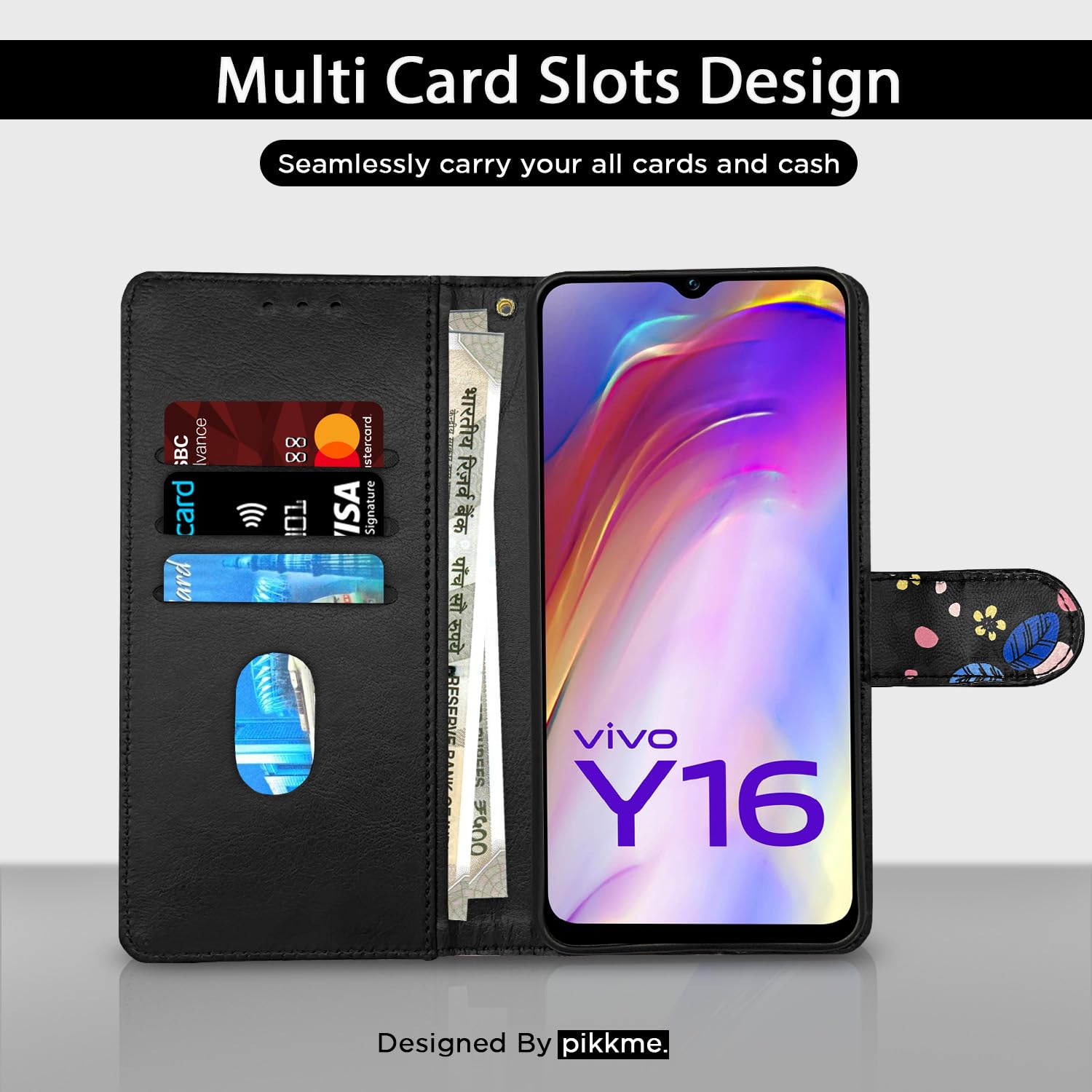 Vivo Y16 wallet flip cover in black flower by Pikkme – photo 2