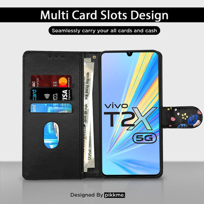 Vivo T2X/Y16/Y56 5G Wallet flip case in black flower by Pikkme – photo 2