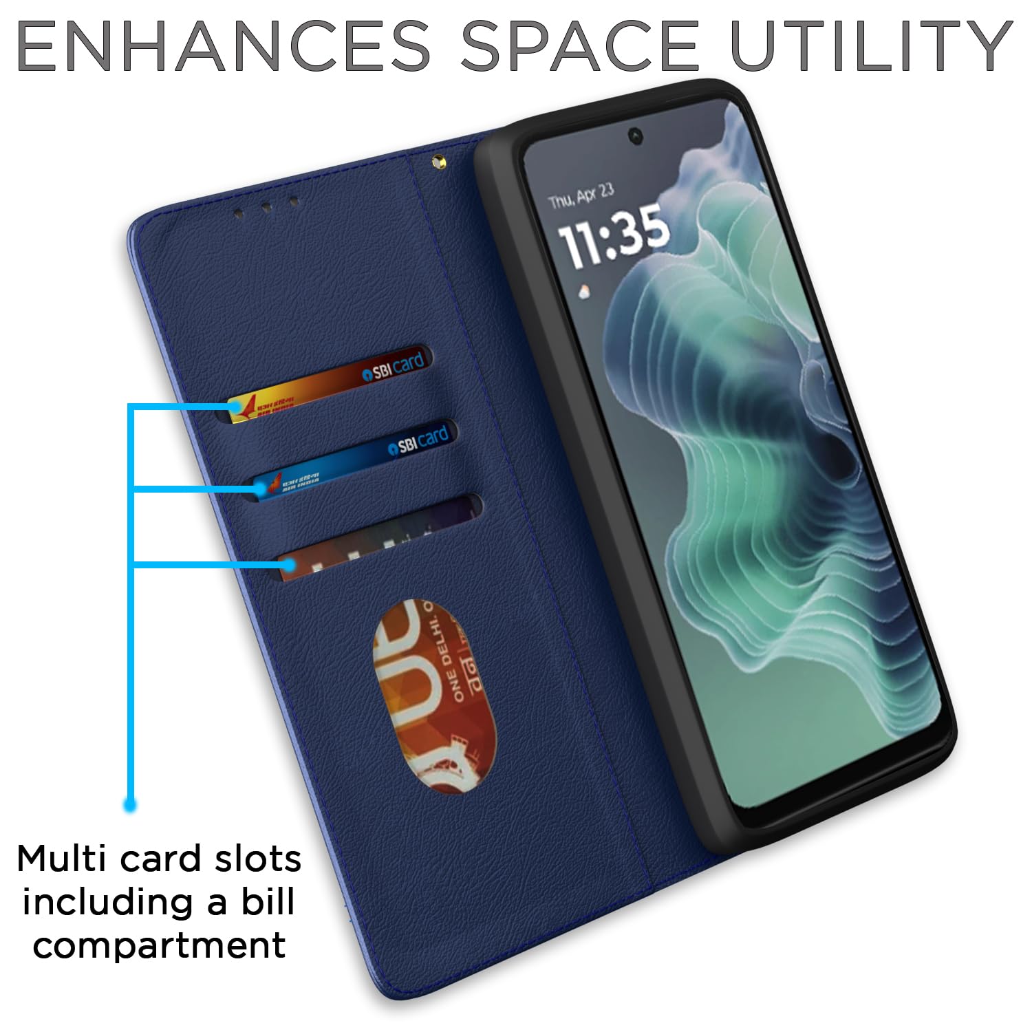 Pikkme Motorola Moto G35 5G Premium Leather Magnetic Flip Cover (Blue)