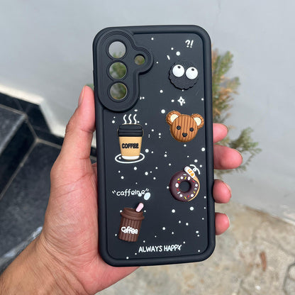 Pikkme Samsung Galaxy A56 5G Cute Fun Cartoon 3D Bear Coffee Back Cover (Black)