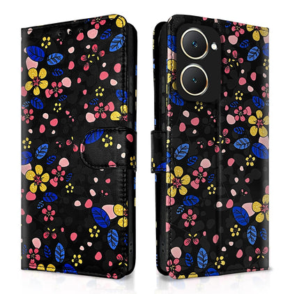 Pikkme black flower Wallet flip case for Vivo Y03 4G