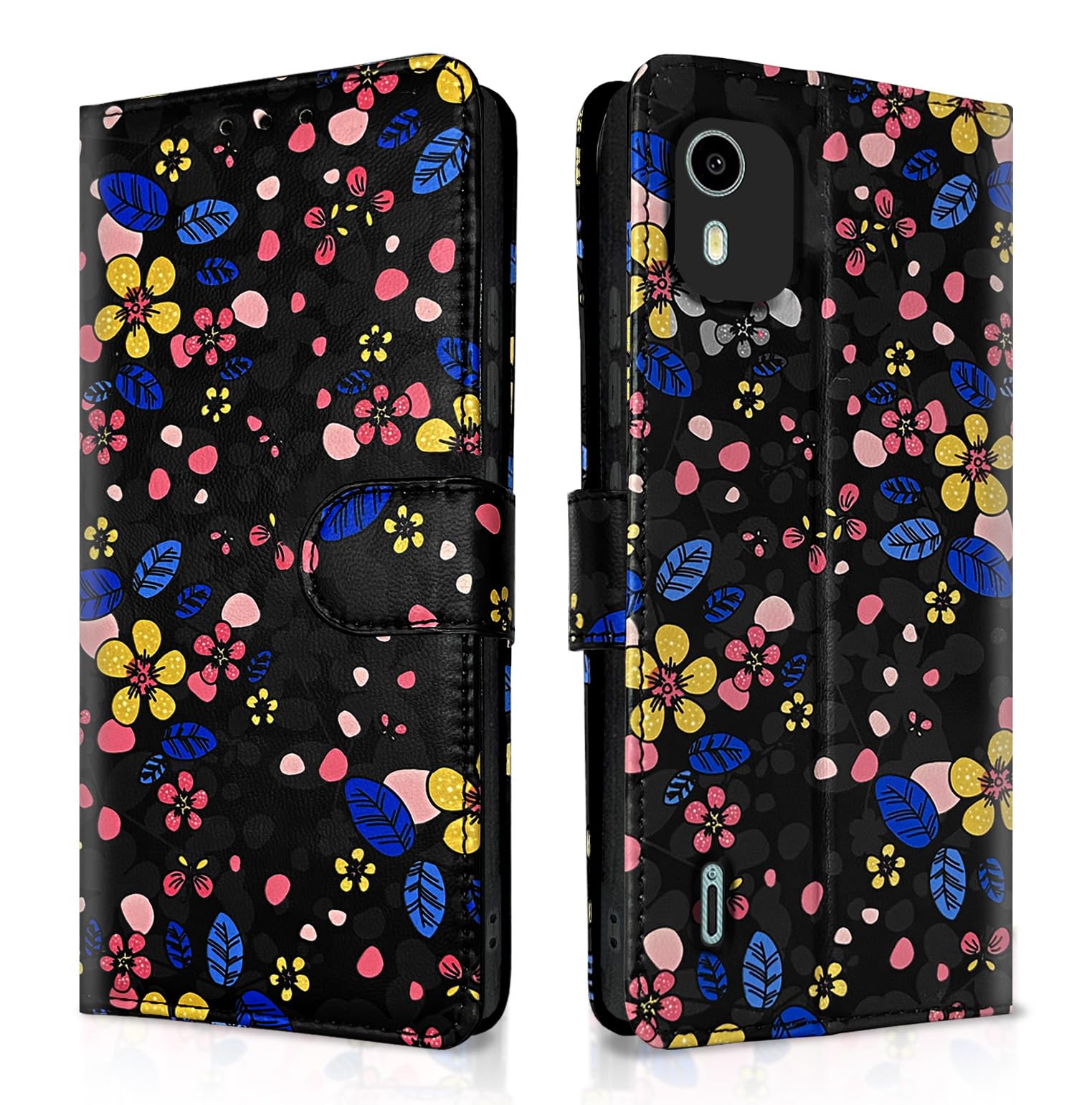 Pikkme black flower Wallet flip case for Nokia C12/C12 Pro