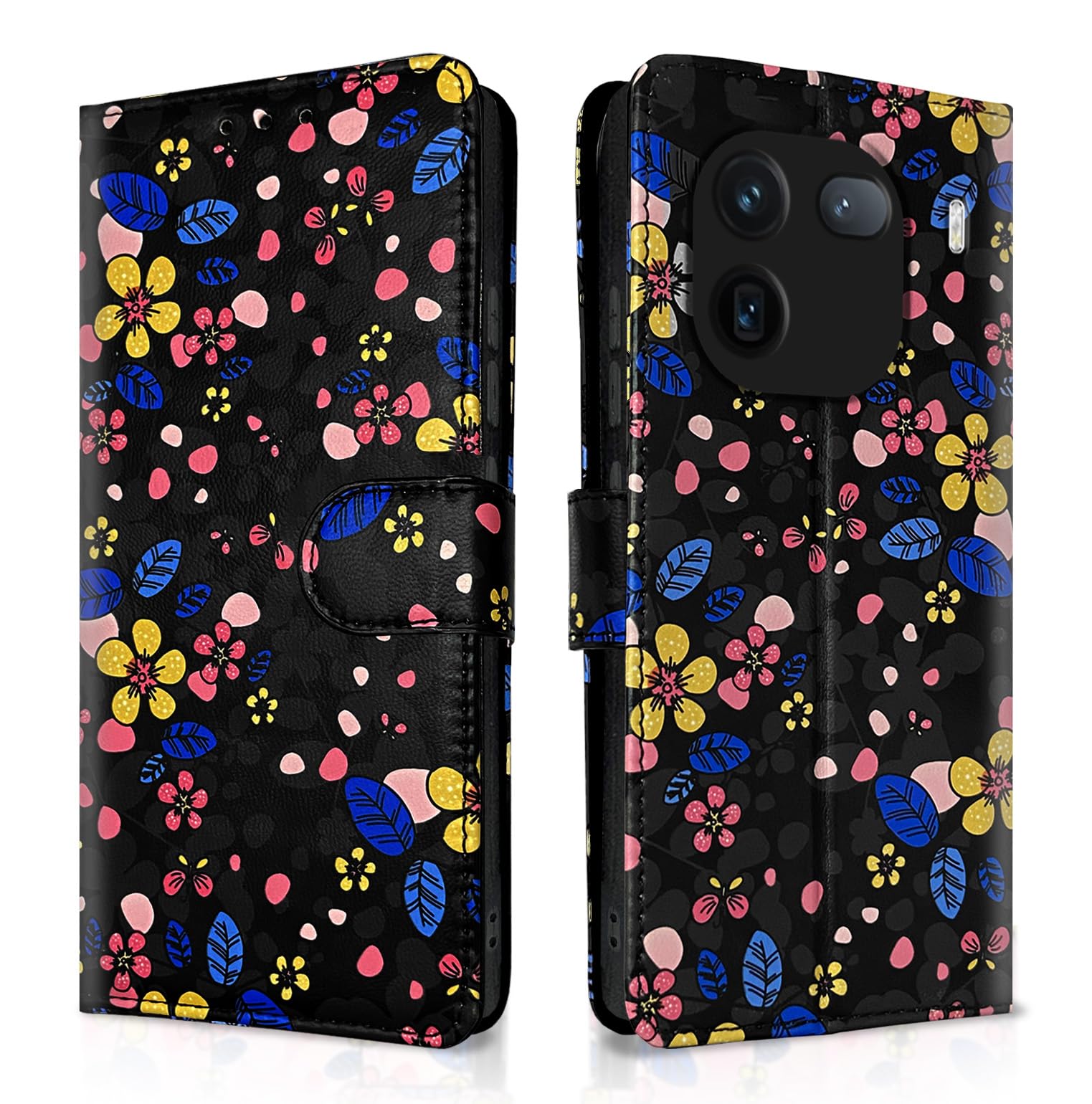 Pikkme black flower flip case for iQOO 12 5G