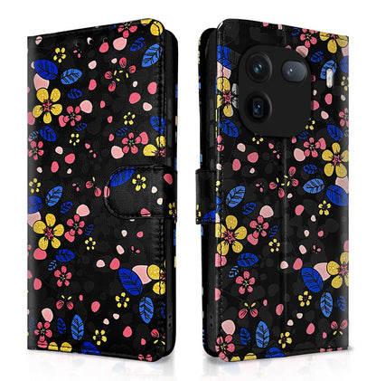 Pikkme black flower flip case for iQOO 12 5G