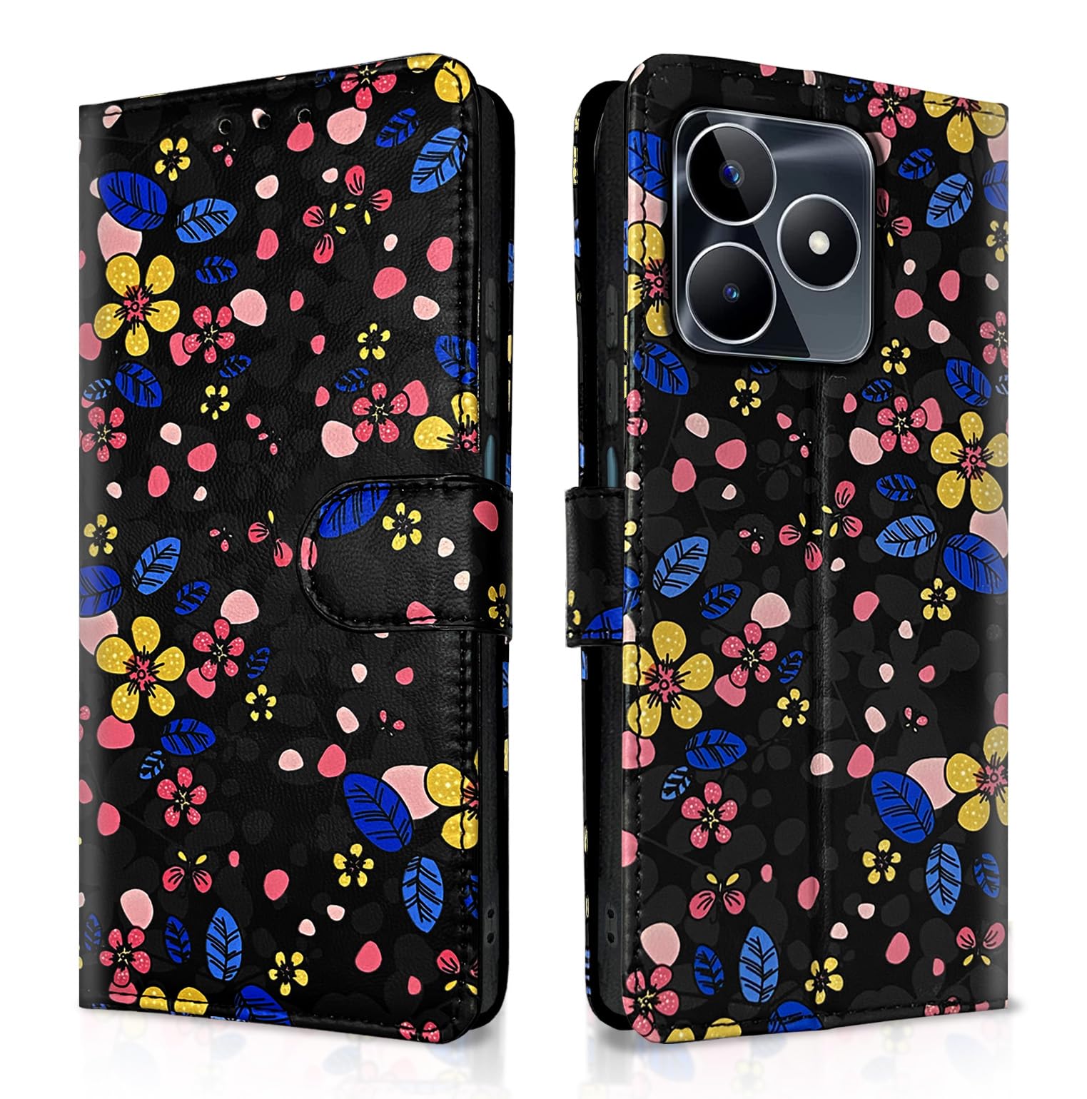 Realme Narzo N53 Wallet wallet flip cover in black flower by Pikkme