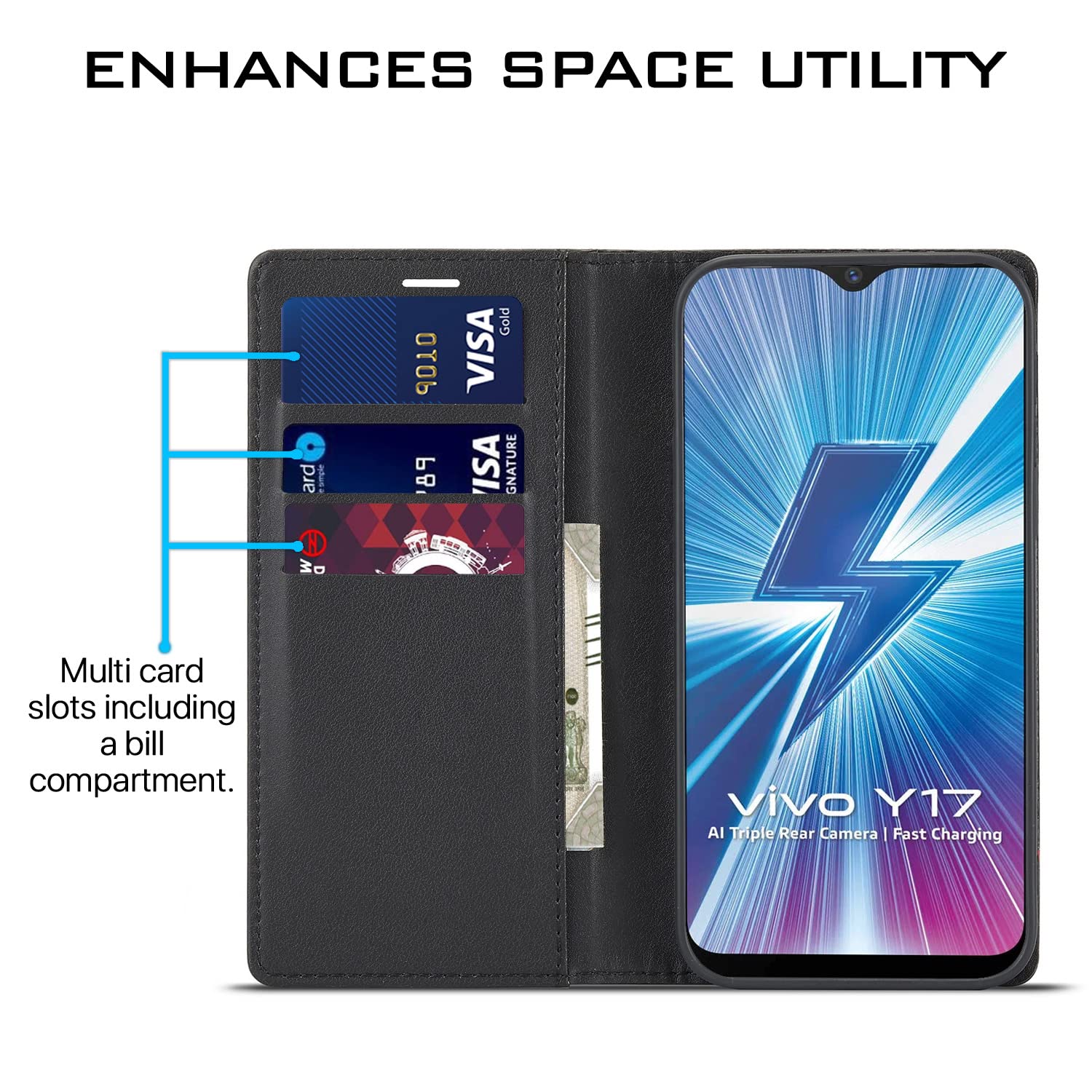 Vivo Y12/Y15/Y17/U10 mobile flip cover in black by Pikkme – photo 3