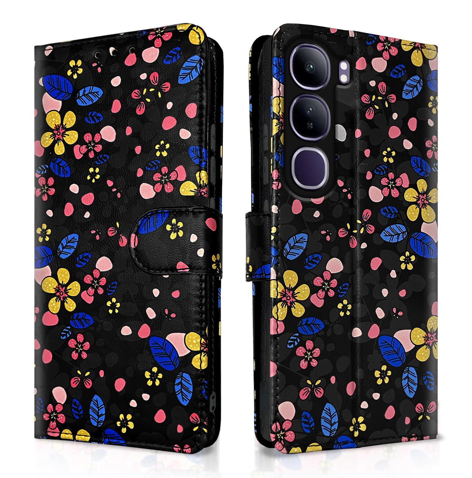 Pikkme Vivo Y300 5G Wallet black flower mobile flip cover