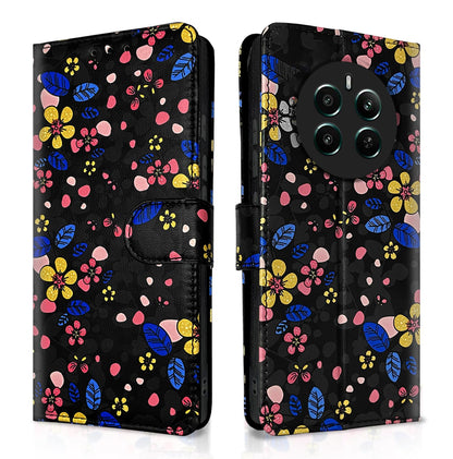 Pikkme black flower Wallet flip case for Realme 12 Plus/P1/Narzo 70/70 Pro 5G