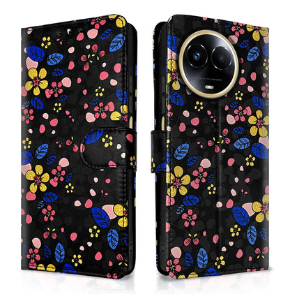 Realme 11/11X/Narzo 60X 5G Wallet wallet flip cover in black flower by Pikkme