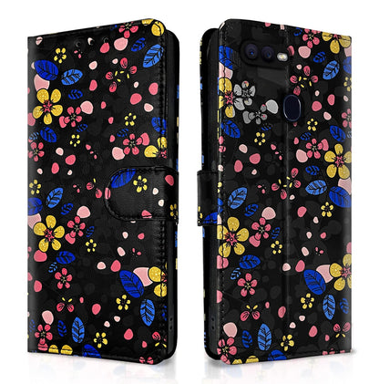 Pikkme Oppo F9/F9 Pro, Realme 2/2 Pro/U1 Wallet black flower mobile flip cover
