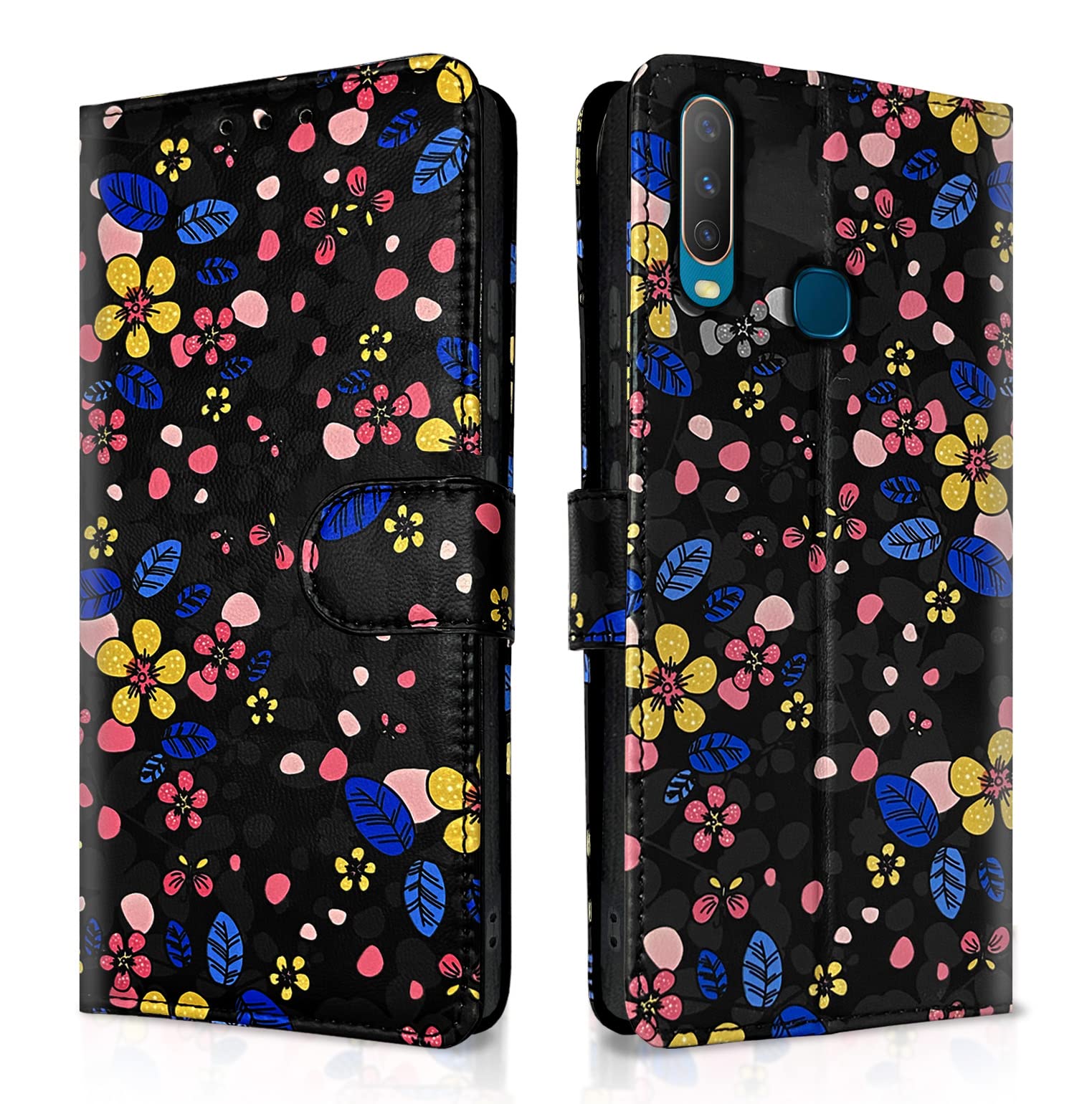 Pikkme black flower Wallet wallet flip cover for Vivo Y12/Y15/Y17/U10