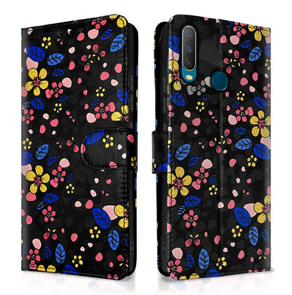 Pikkme black flower Wallet wallet flip cover for Vivo Y12/Y15/Y17/U10