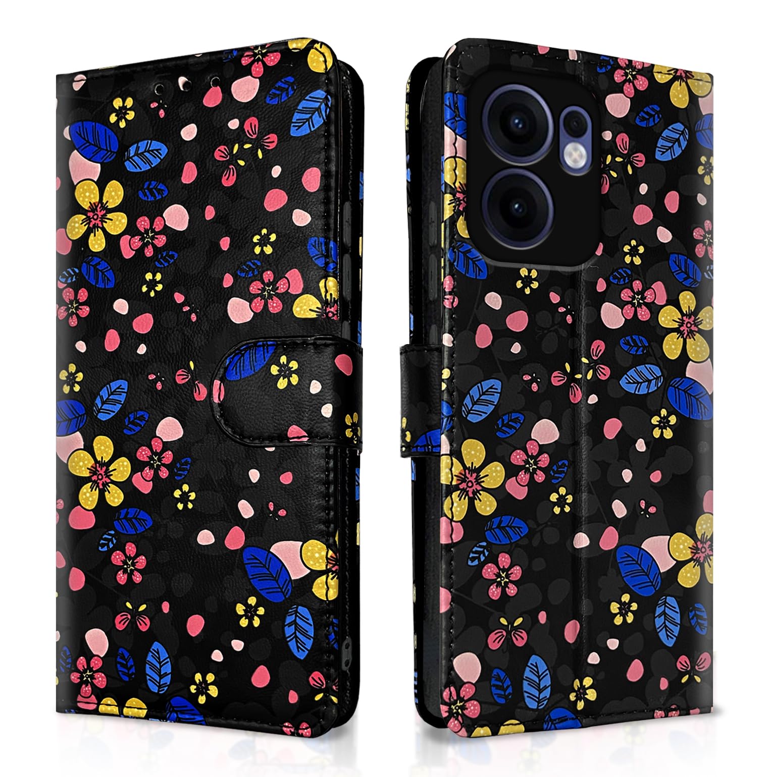 Pikkme black flower Wallet mobile flip cover for Oppo Reno 13F 5G