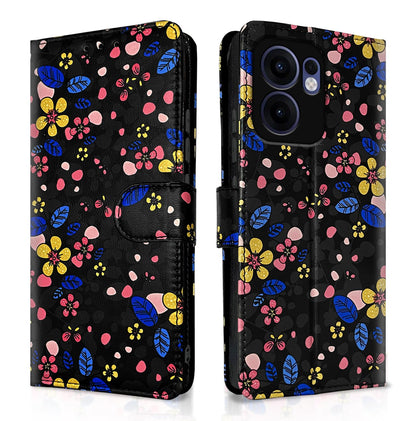 Pikkme black flower Wallet mobile flip cover for Oppo Reno 13F 5G