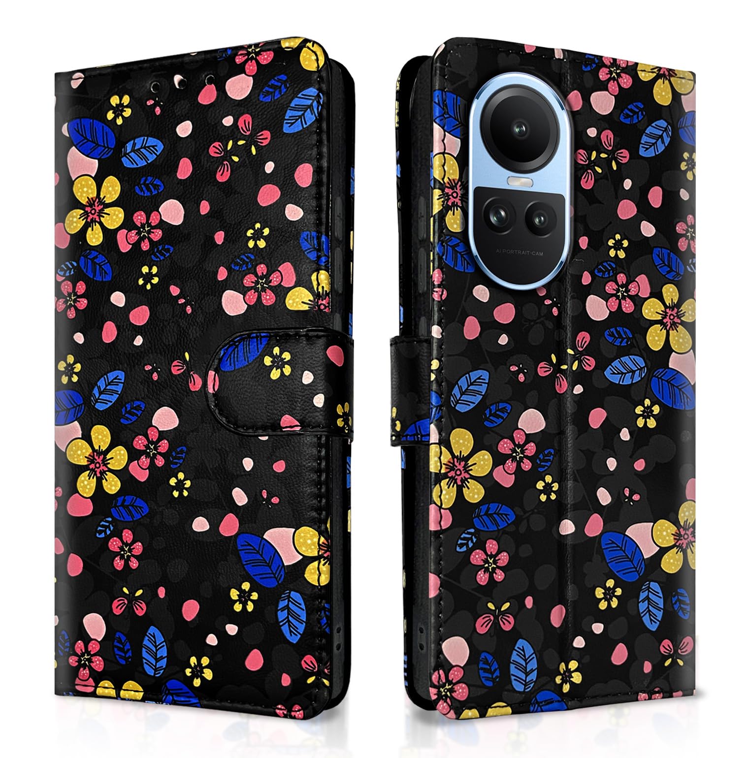 Oppo Reno 10 5G wallet flip cover in black flower by Pikkme