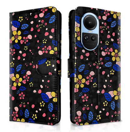 Oppo Reno 10 5G wallet flip cover in black flower by Pikkme
