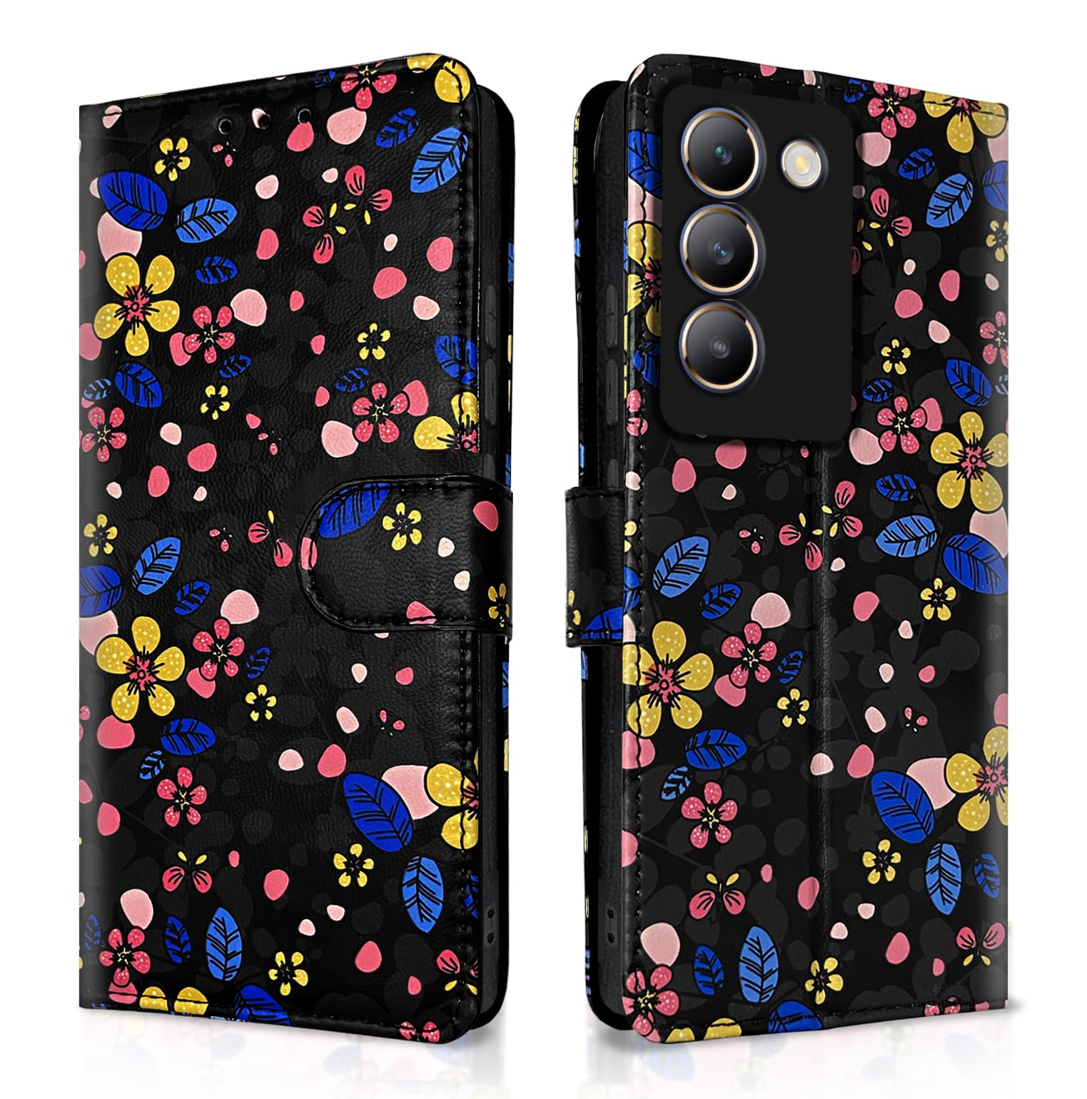 Pikkme black flower mobile flip cover for Vivo Y200e/Y200e 5G