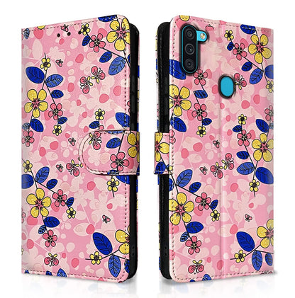 Samsung M11 wallet flip cover in pink flower by Pikkme