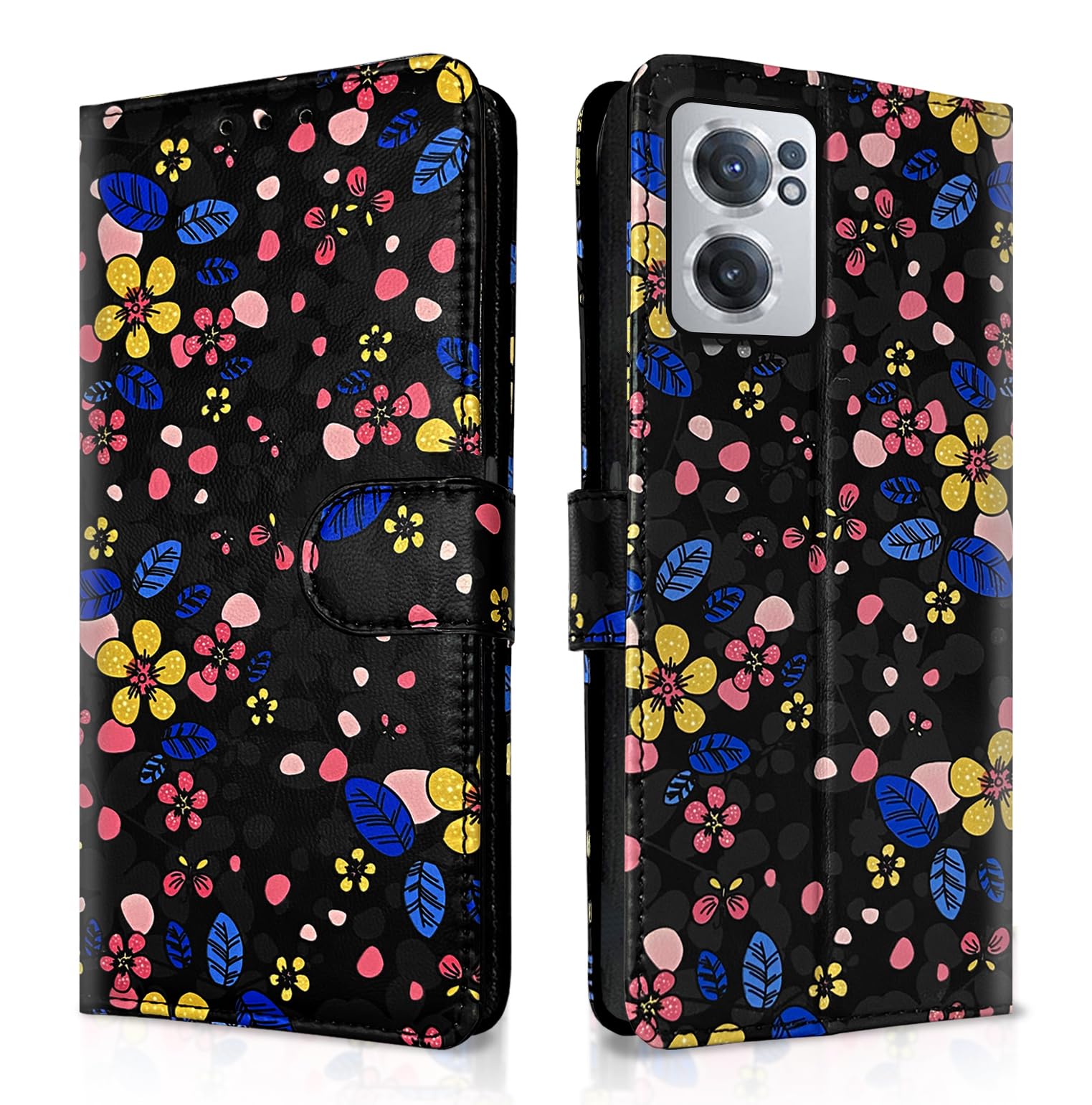 OnePlus Nord CE 2 5G wallet flip cover in black flower by Pikkme