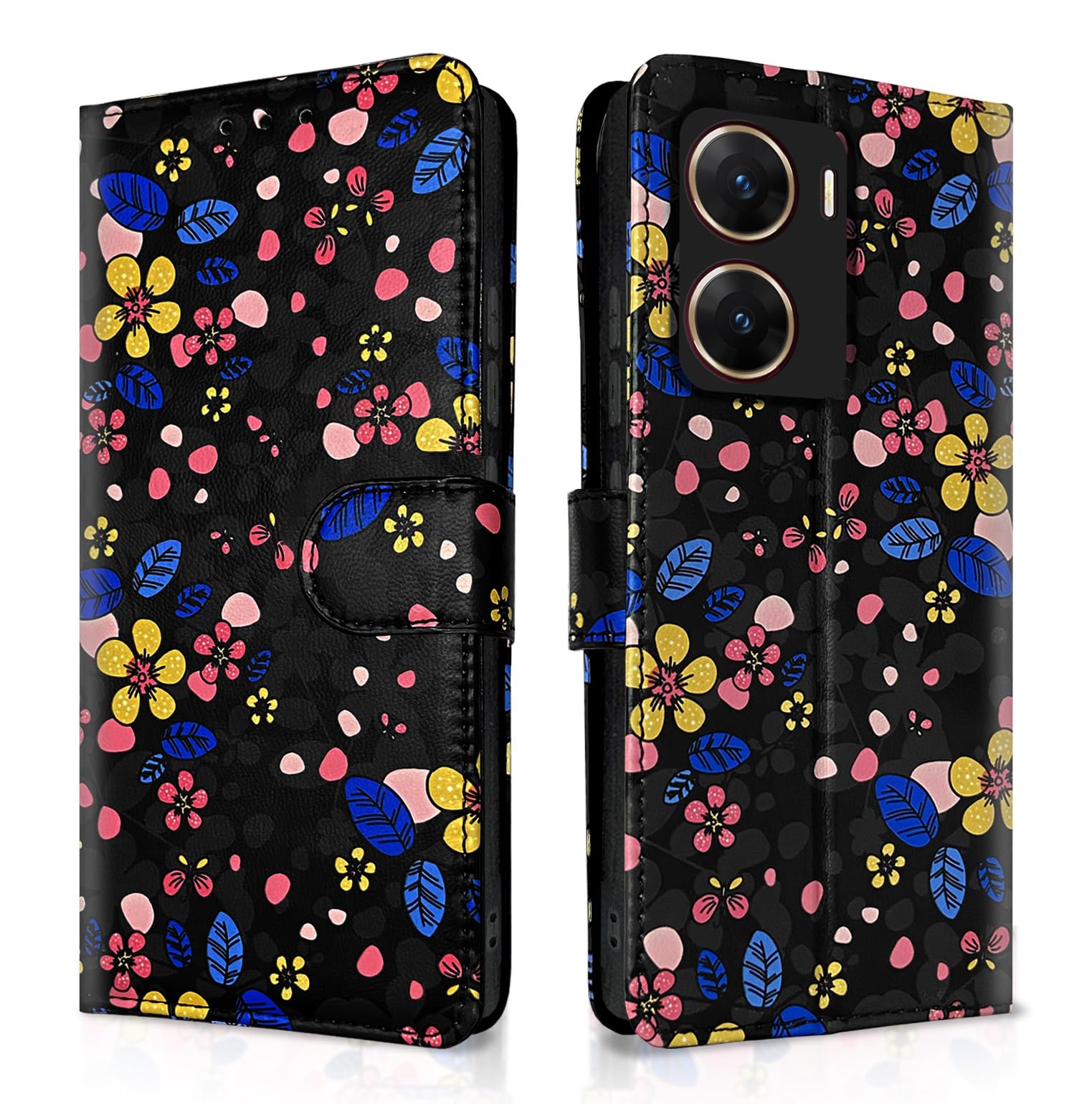 Pikkme black flower Wallet wallet flip cover for Vivo V29E