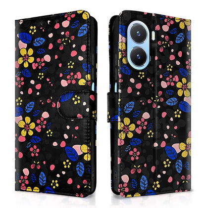 Pikkme black flower Wallet flip cover for Vivo T2X/Y16/Y56 5G
