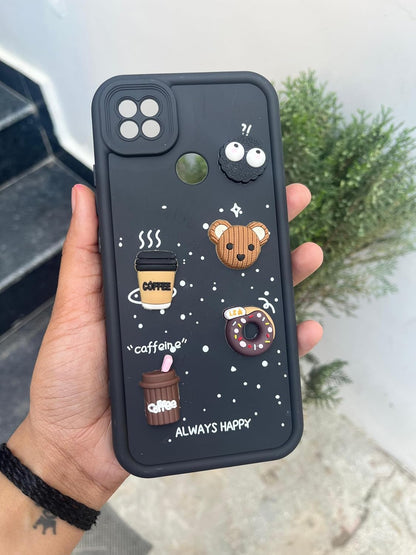 Pikkme Redmi 10A / 10A Sport/Redmi 9/9 Activ / 9C / Poco C31 Cute Fun Cartoon 3D Bear Coffee Back Cover (Black)