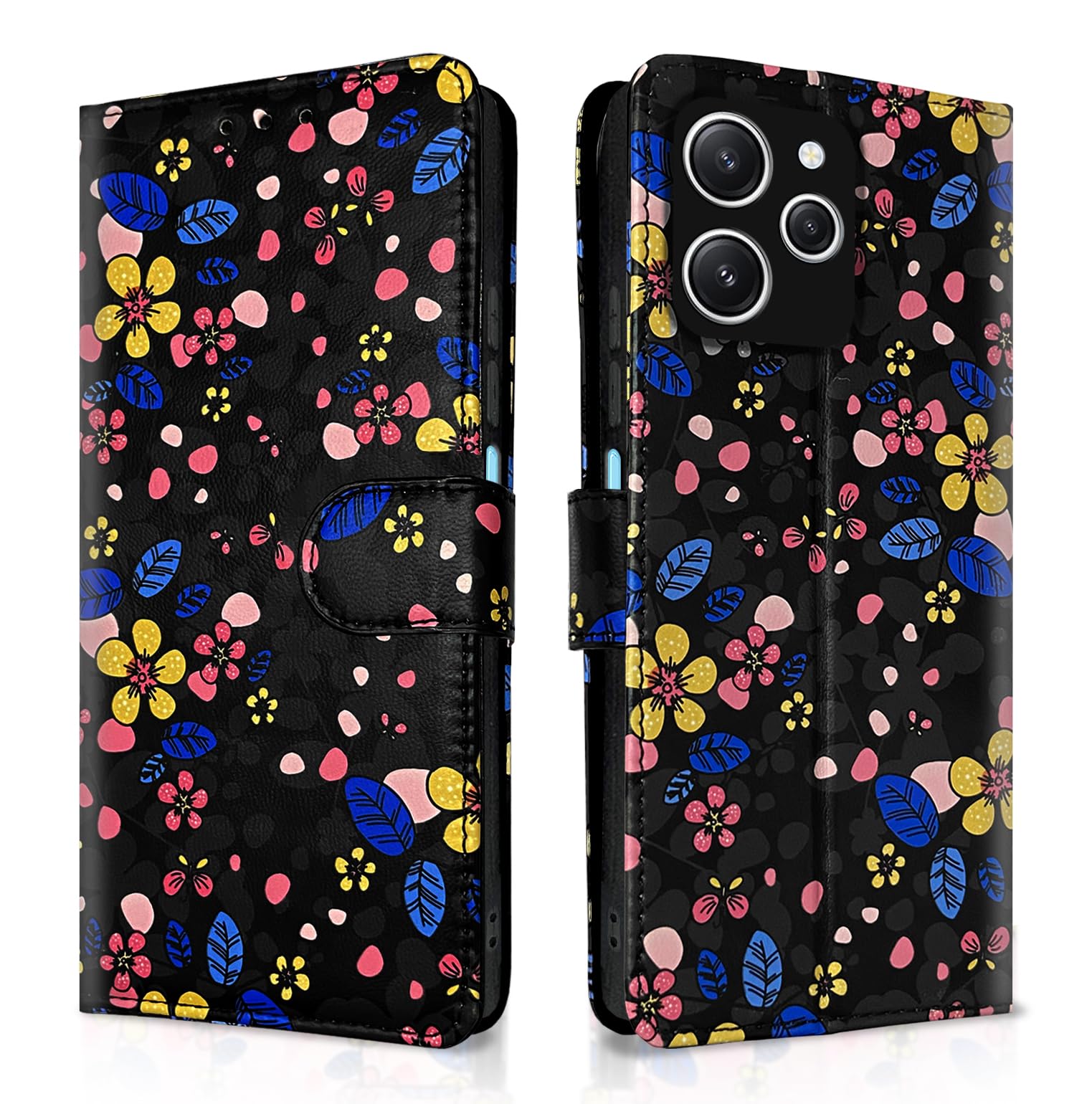 Pikkme black flower mobile flip cover for Redmi 12 4G