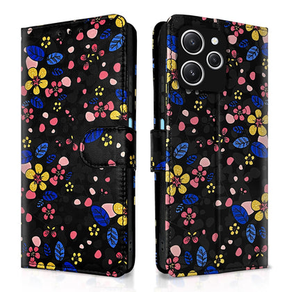 Pikkme black flower mobile flip cover for Redmi 12 4G