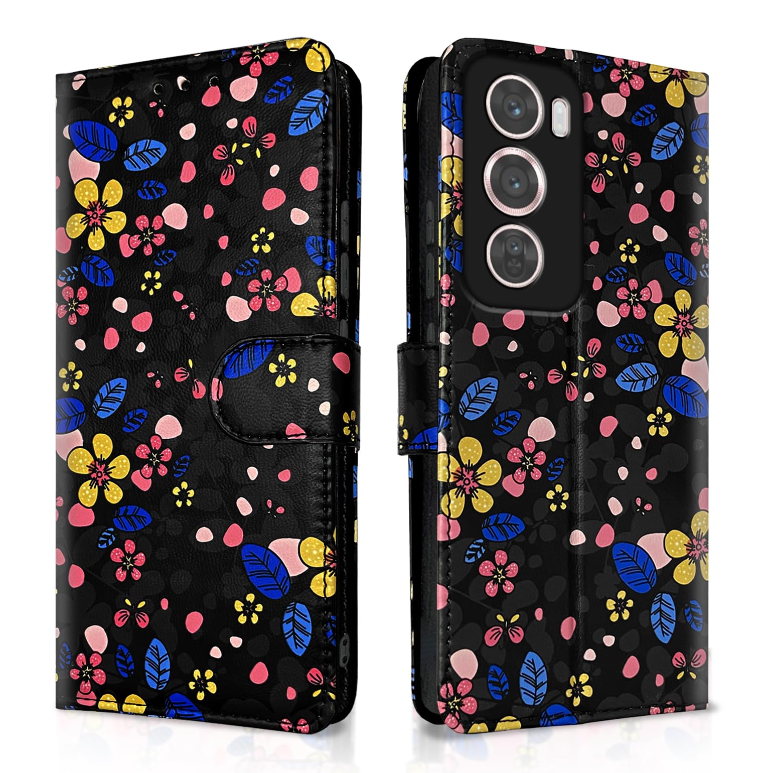 Pikkme black flower flip cover for Oppo Reno 12 Pro 5G