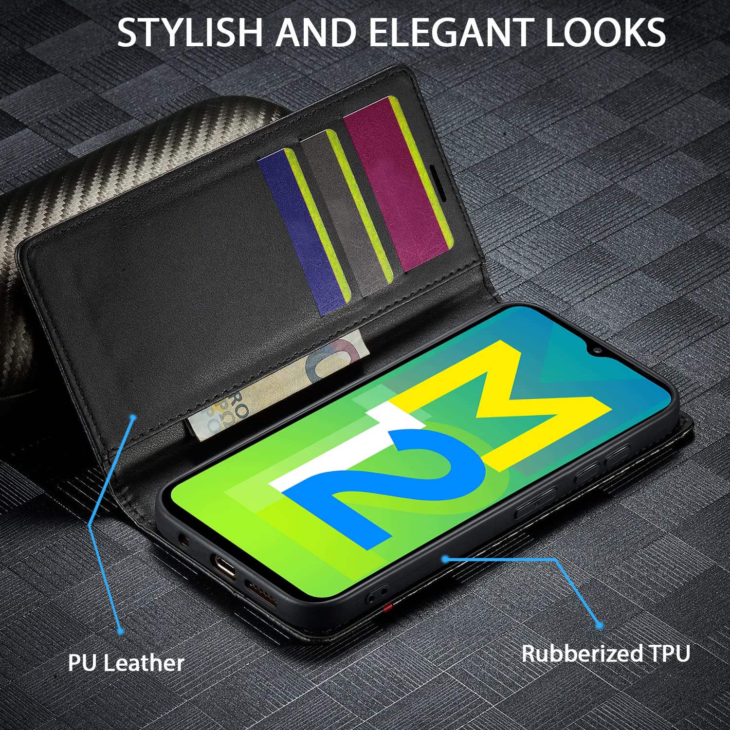 Samsung M12/F12/A12 Wallet flip cover in black by Pikkme – photo 2