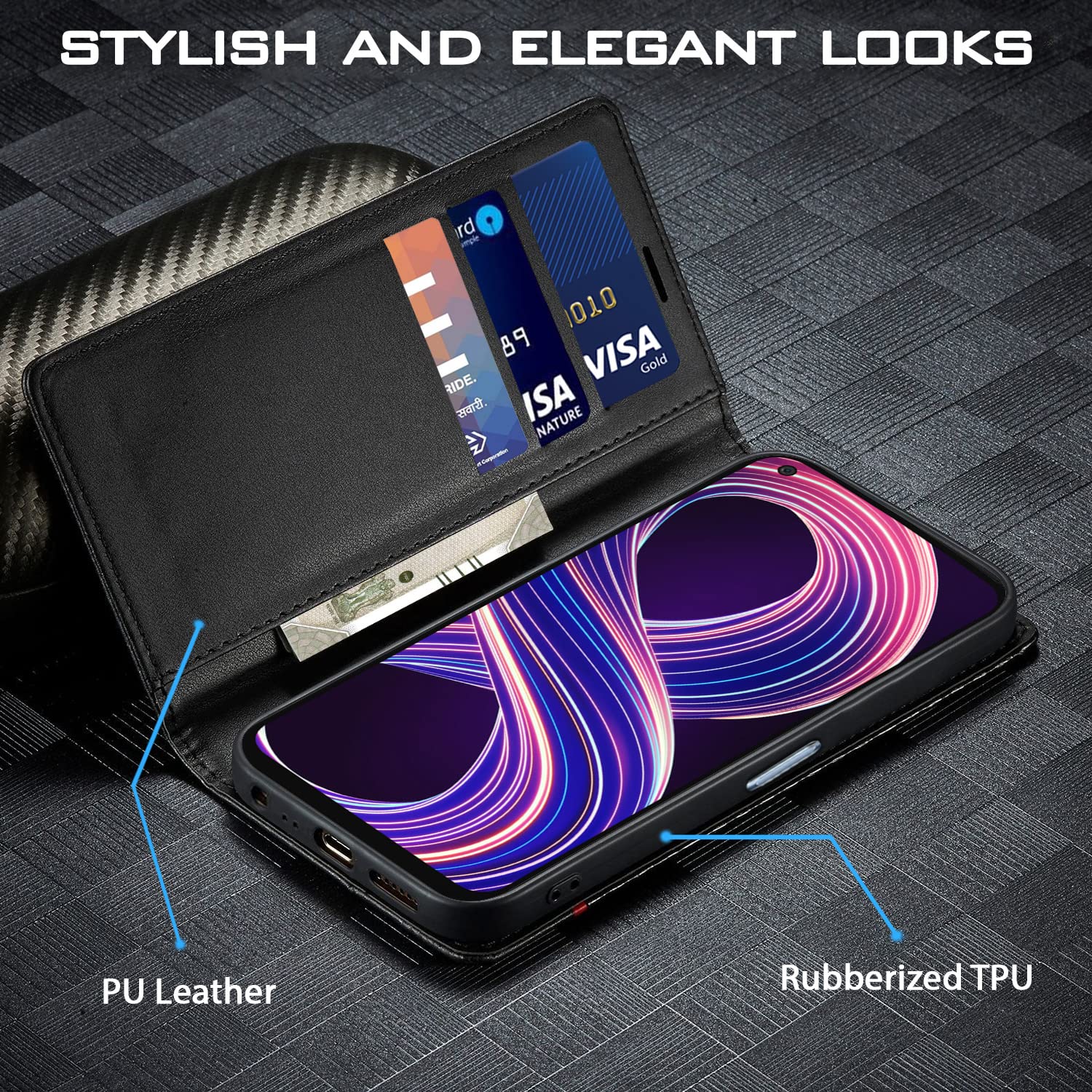 Black Wallet wallet flip cover for Realme 9/8s/8/Narzo 30 5G – Pikkme – photo 2