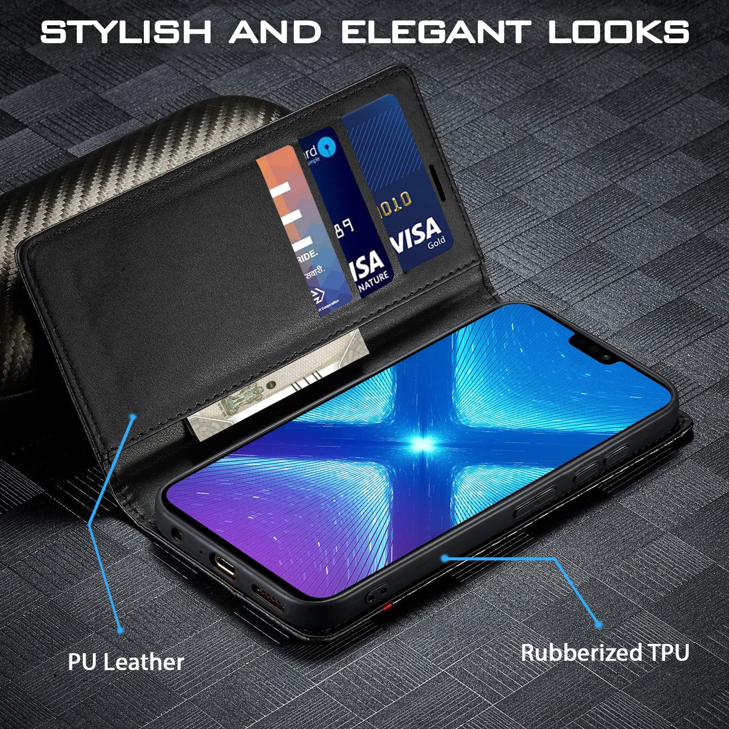 Honor 8x wallet flip cover in black by Pikkme – photo 2