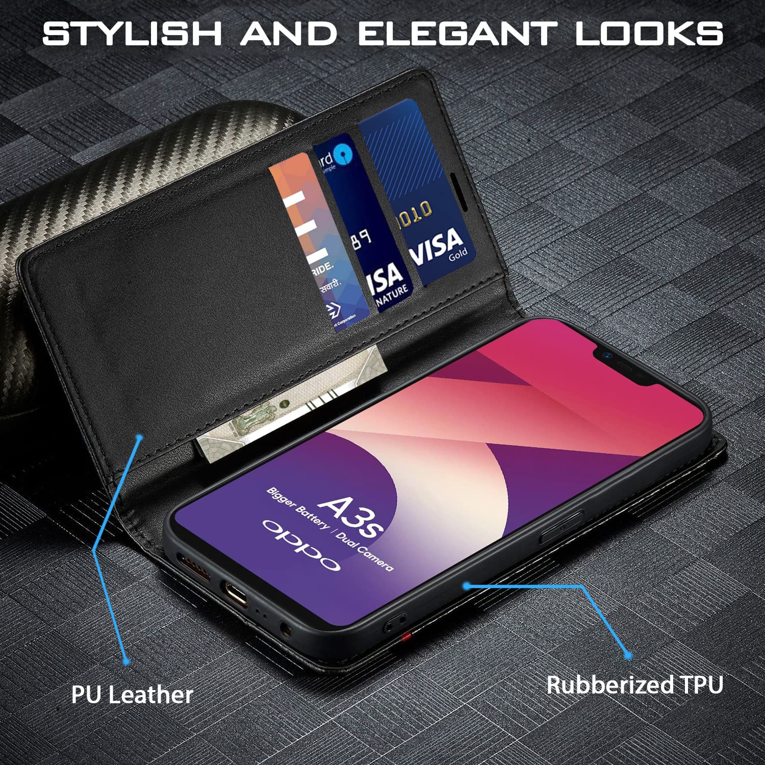 Black wallet flip cover for Oppo A3s – Pikkme – photo 2