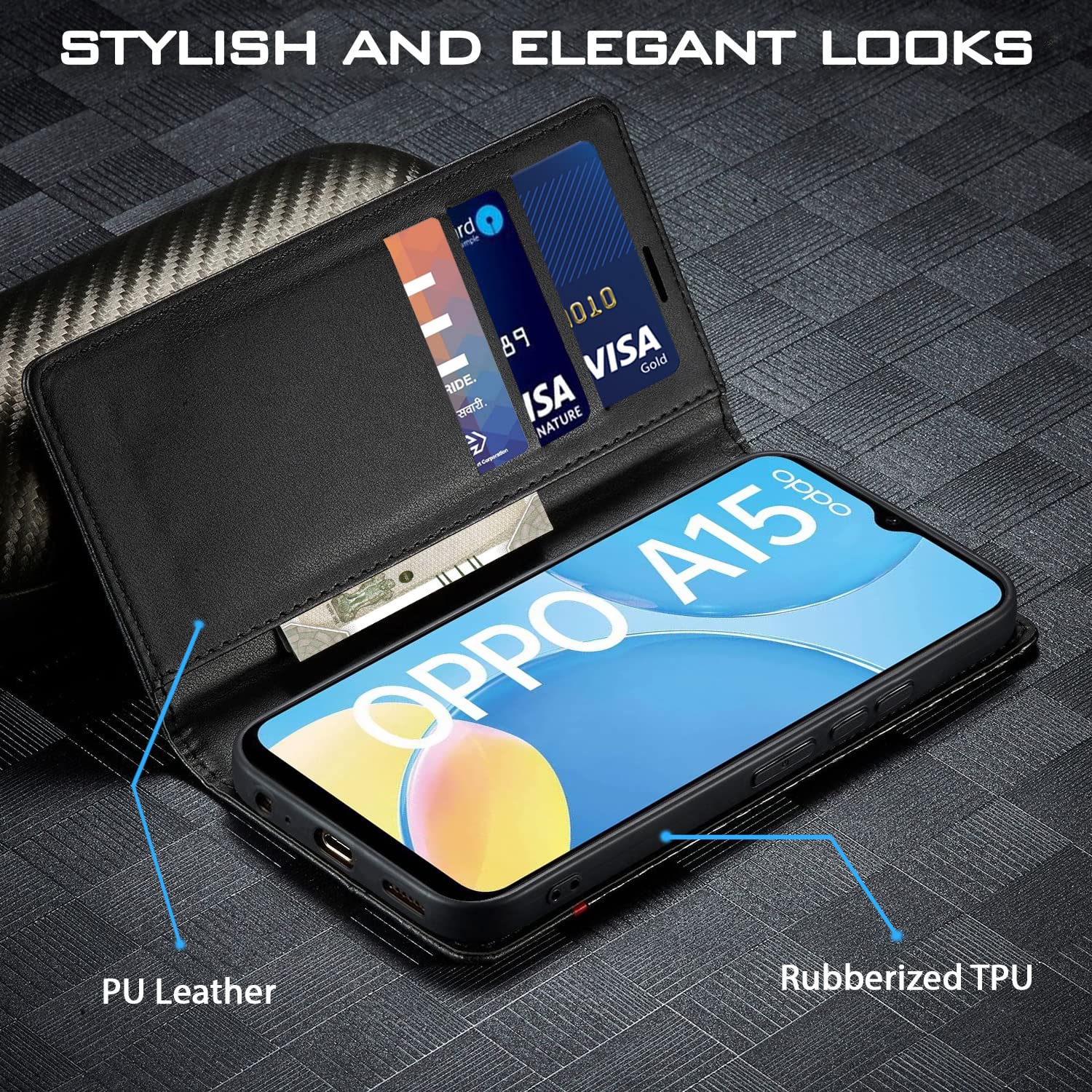 Black Wallet flip case for Oppo A15/A15s – Pikkme – photo 2
