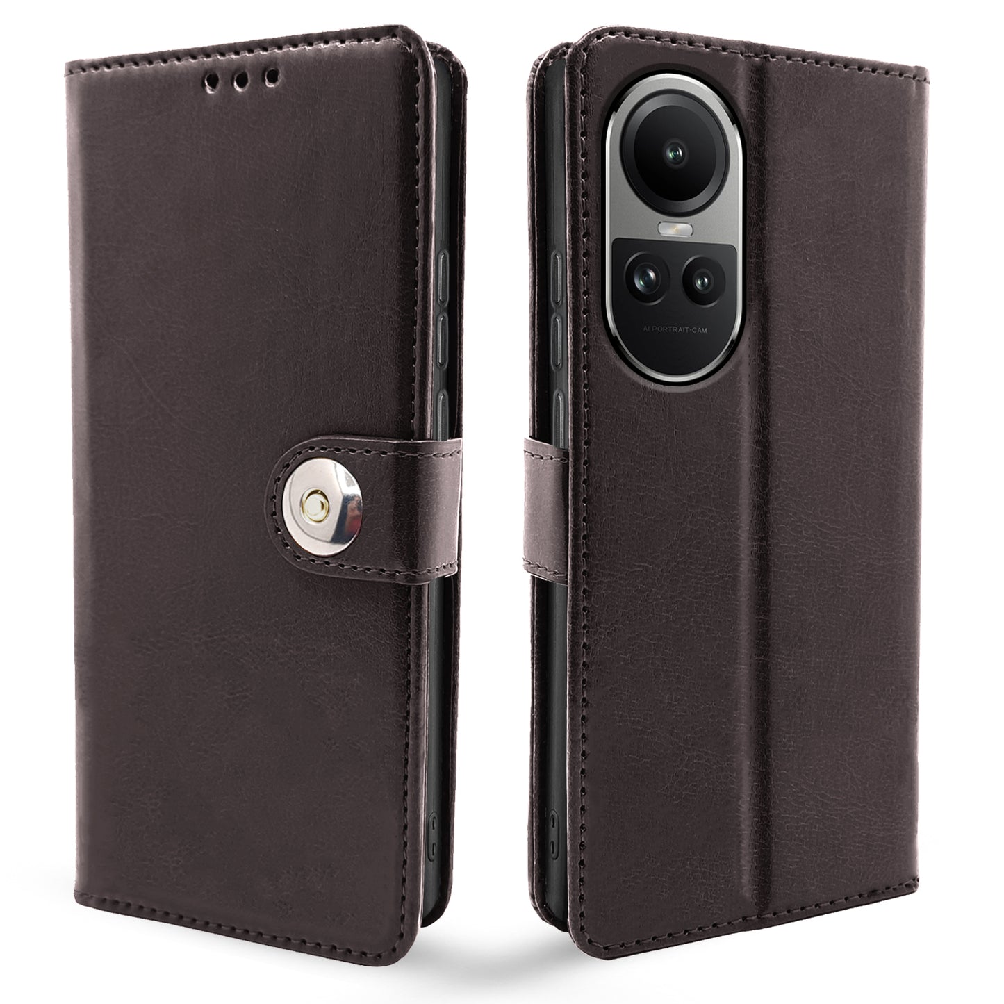 Pikkme Oppo Reno 10 5G Button Flip Cover (Coffee)