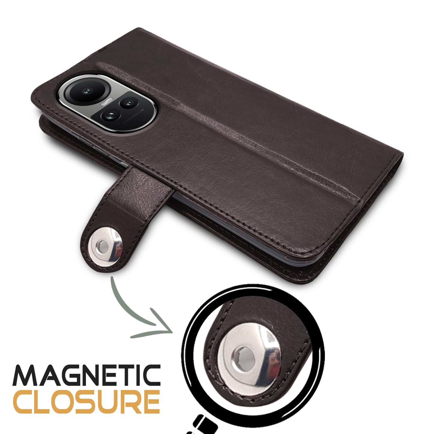 Pikkme Oppo Reno 10 5G Button Flip Cover (Coffee)