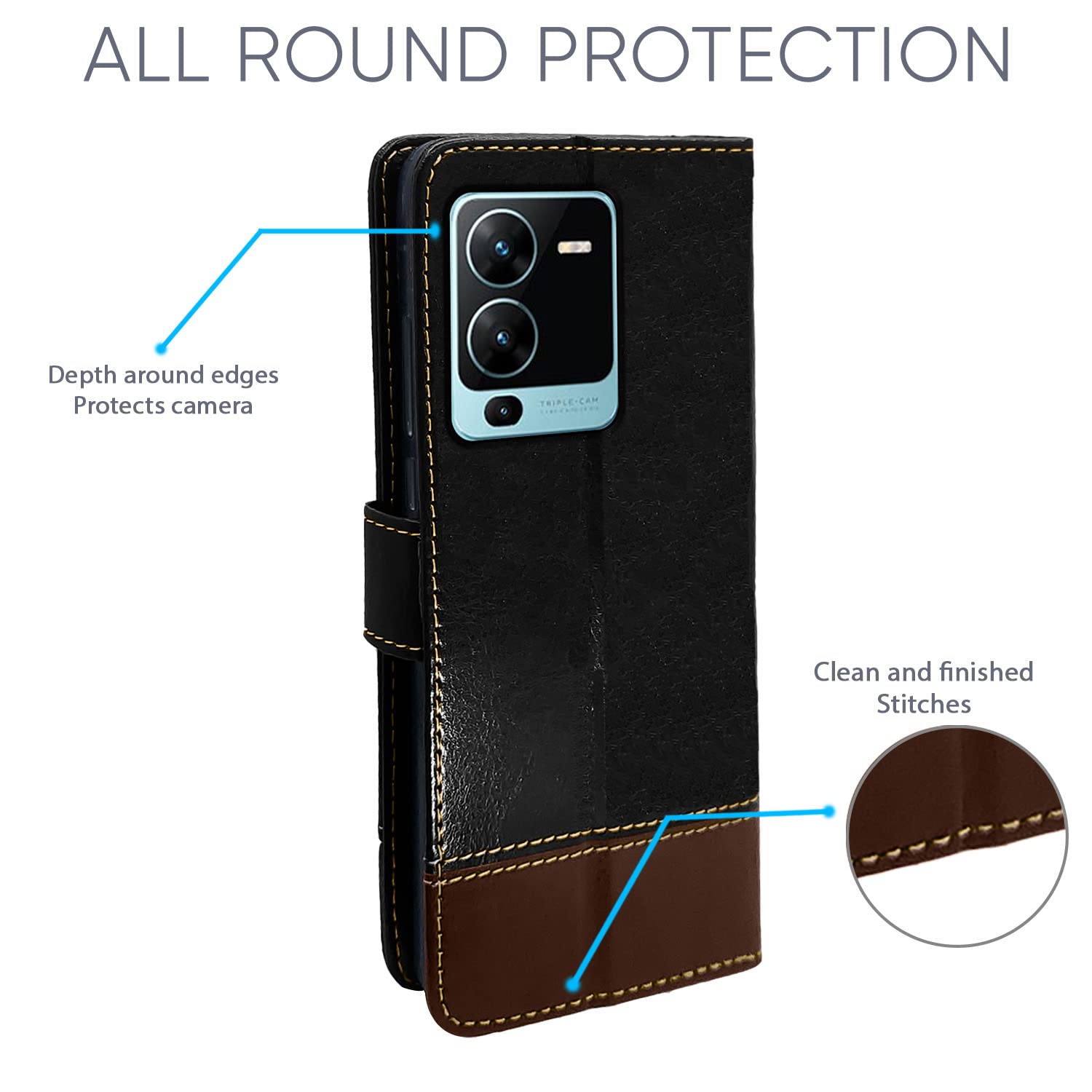 Pikkme Vivo V25 Pro 5G Constrast Flip Cover | Black & Brown