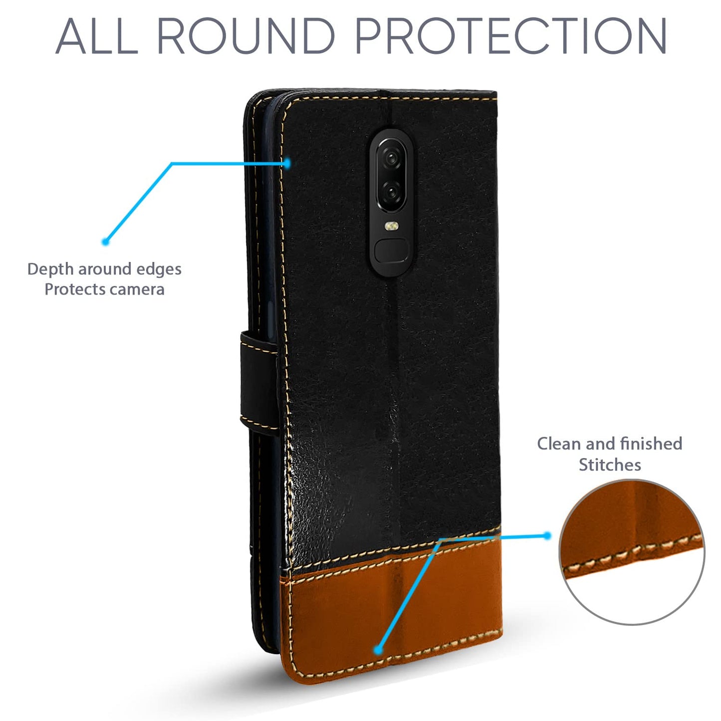 Pikkme OnePlus 6  Constrast Flip Cover |  Black & Brown