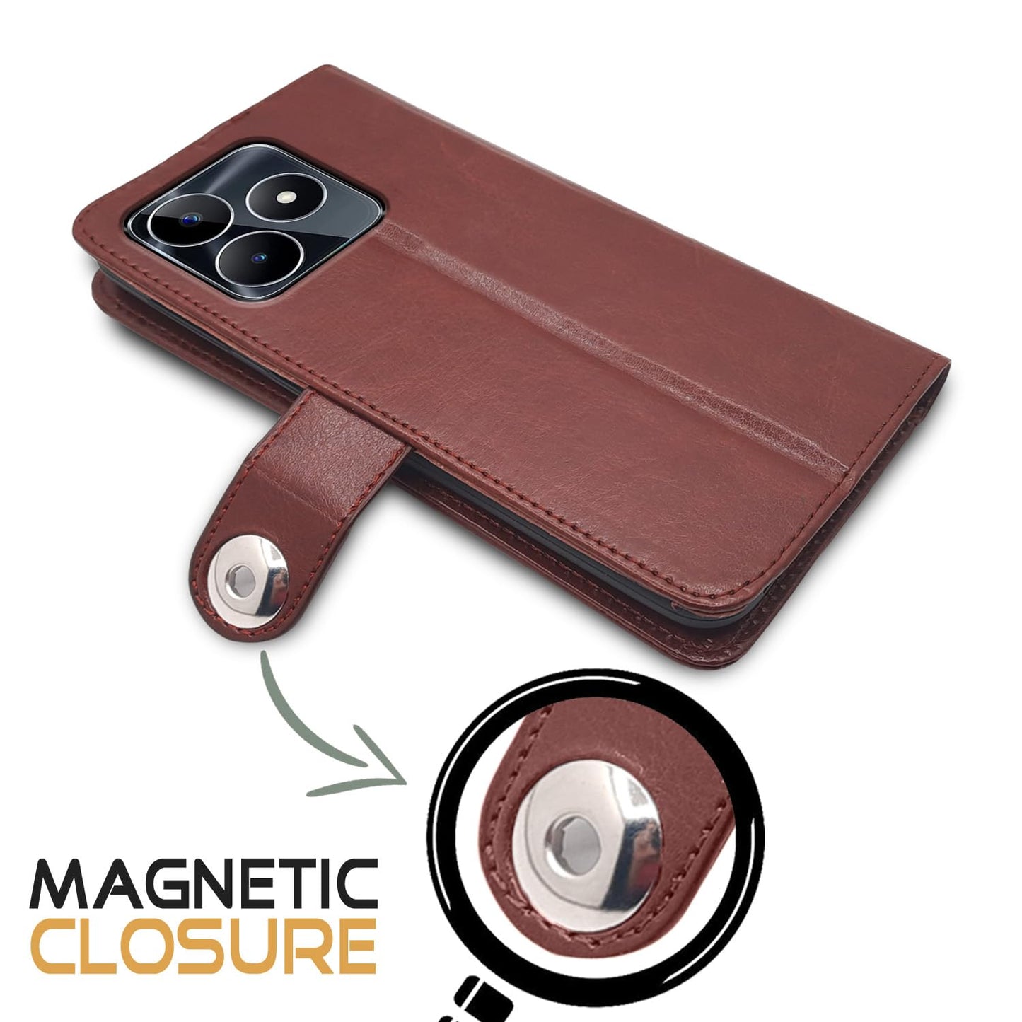 Pikkme Realme Narzo N53 / C53 Button Flip Cover (Brown)