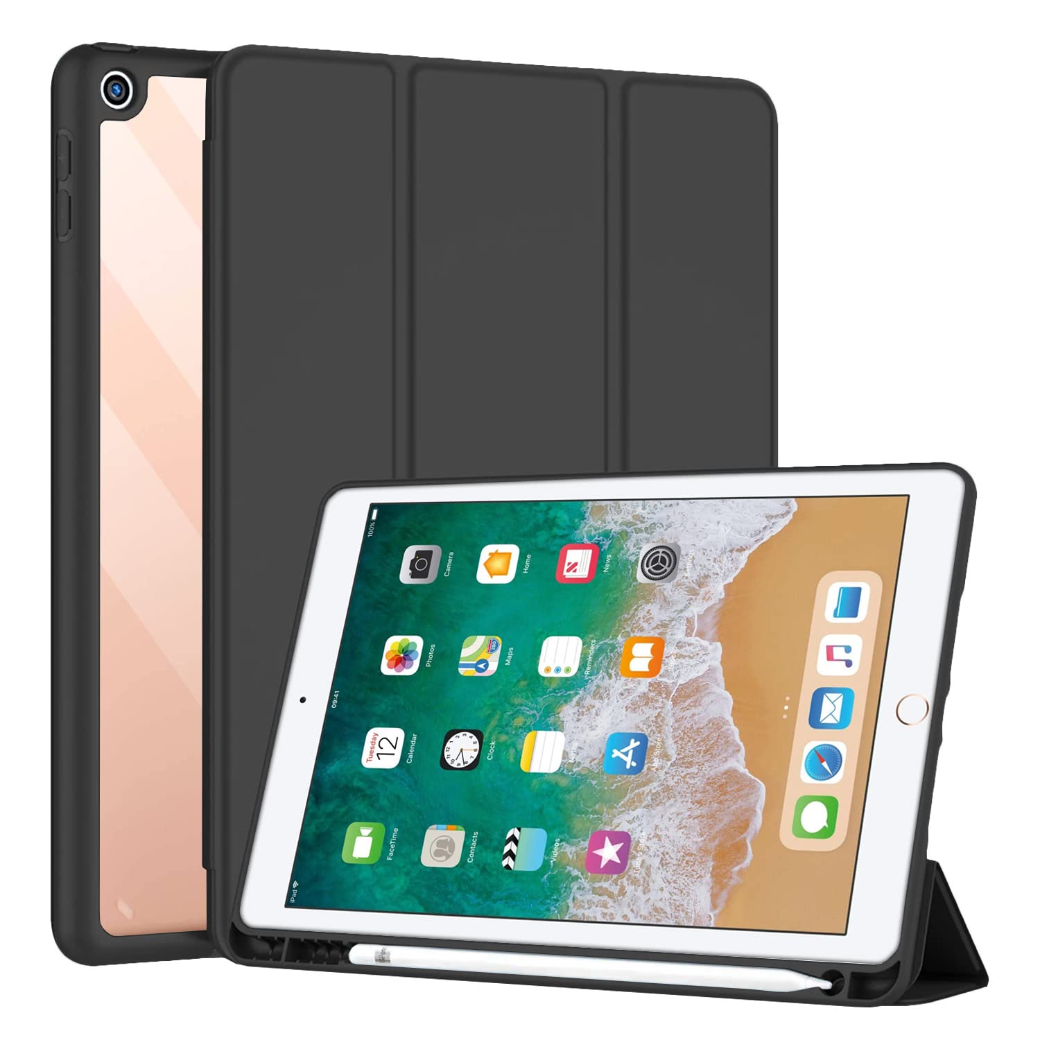 Pikkme Apple iPad 9.7 inch 2018/2017 Air 1 Air 2 5th 6th Generation Smart Trifold Back Flip Cover | Transparent Back with Pencil Holder | Color : Black