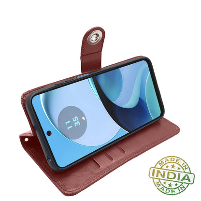 Pikkme Moto G14 Button Flip Cover (Brown)