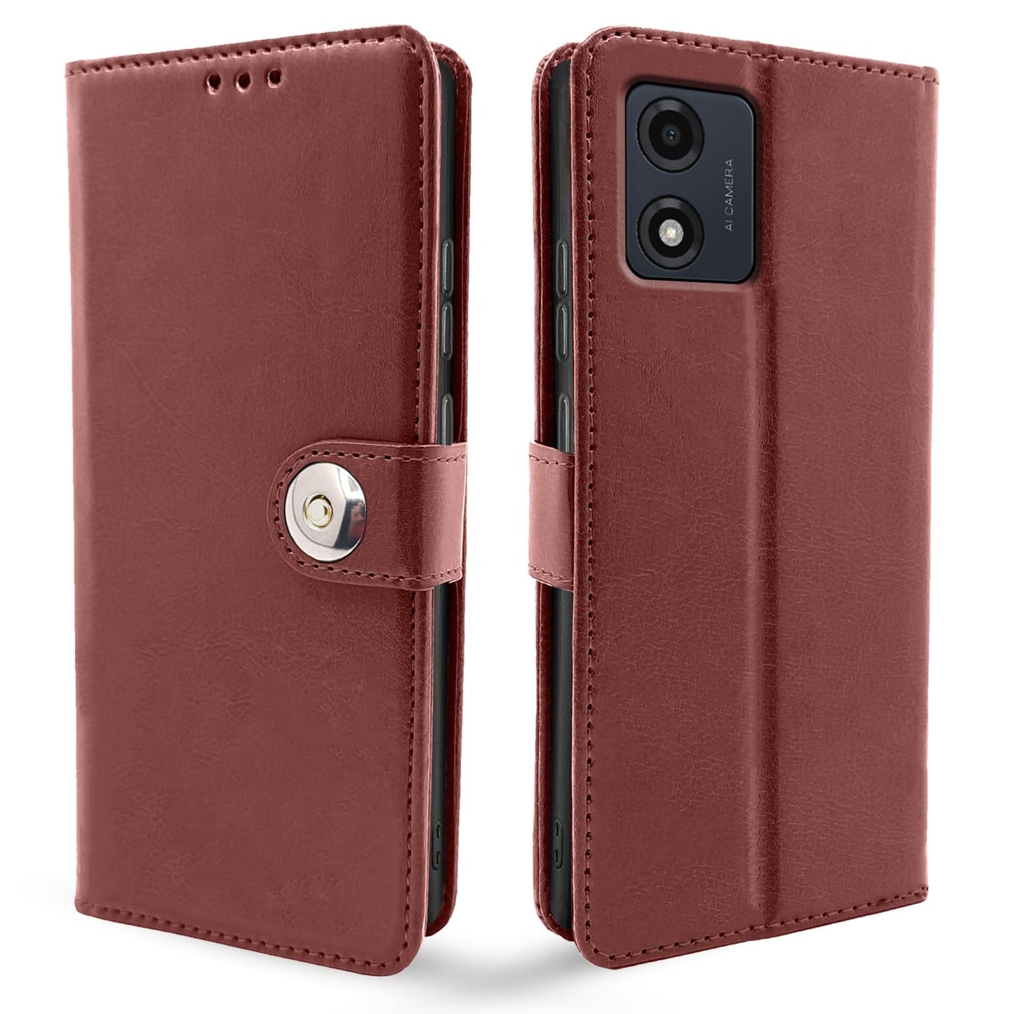 Pikkme Moto E13 Button Flip Cover (Brown)